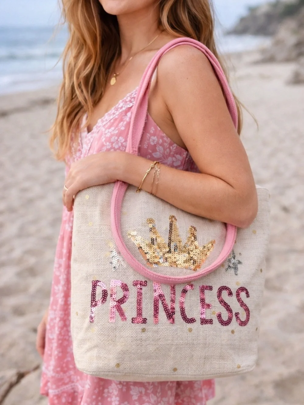 Sequined Princess Canvas Tote Bag | Pink & Gold Bling Shoulder Bag | Beach Tote